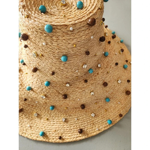 NWD Lele Sadoughi Turquoise Embellished Straw Sun Hat Natural One Size - Picture 8 of 13